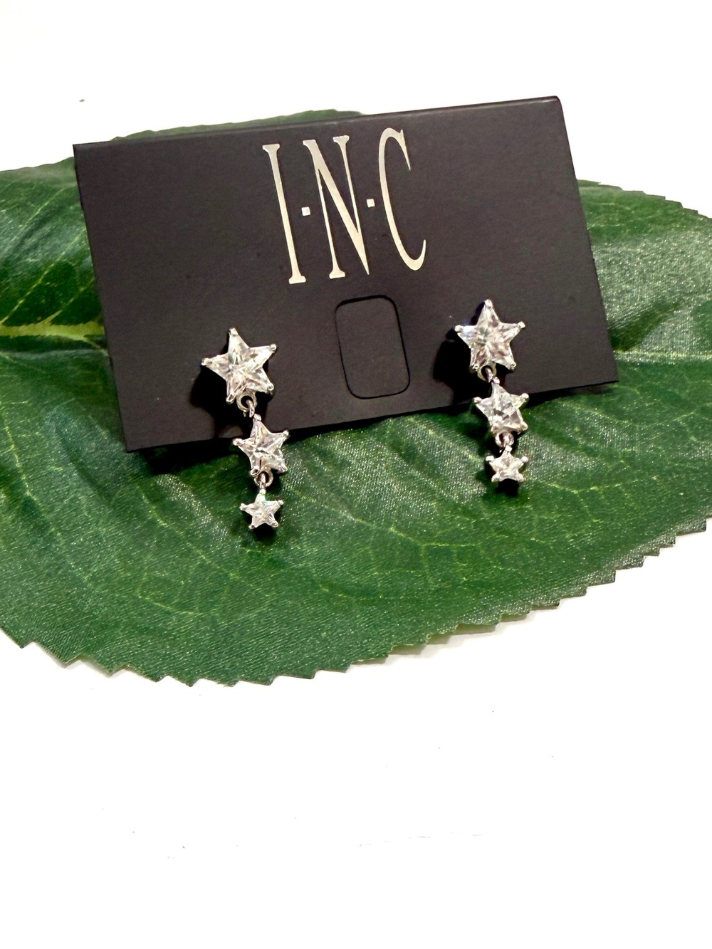 INC Silver-Tone Crystal Triple Star Drop Earrings NWT
